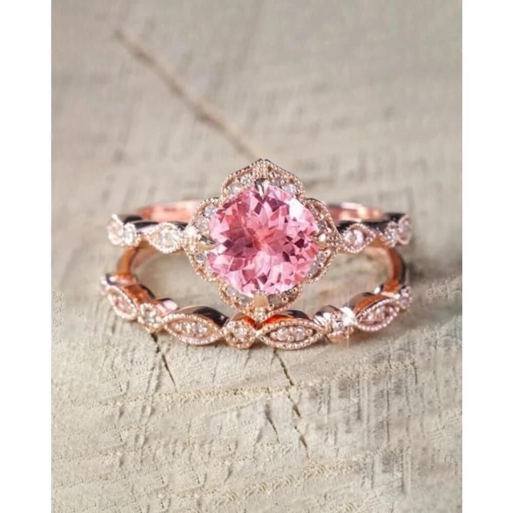 2pc Vintage Style Pink Cubic Zirconia Rose Gold Ring with Halo CZ Diamonds